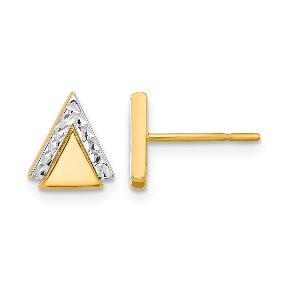 10K with Rhodium Polished and Diamond-cut Triangle Post Earrings