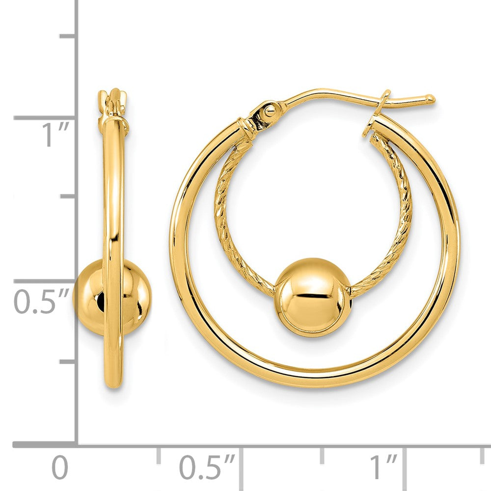 10K Polished Textured w/ 6mm Ball Hoop Earrings