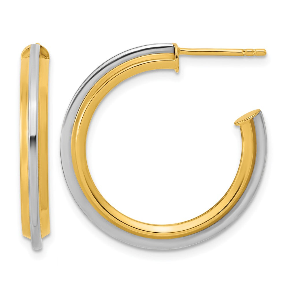 10K w/Rhodium Polished and Grooved J-Hoop Post Earrings