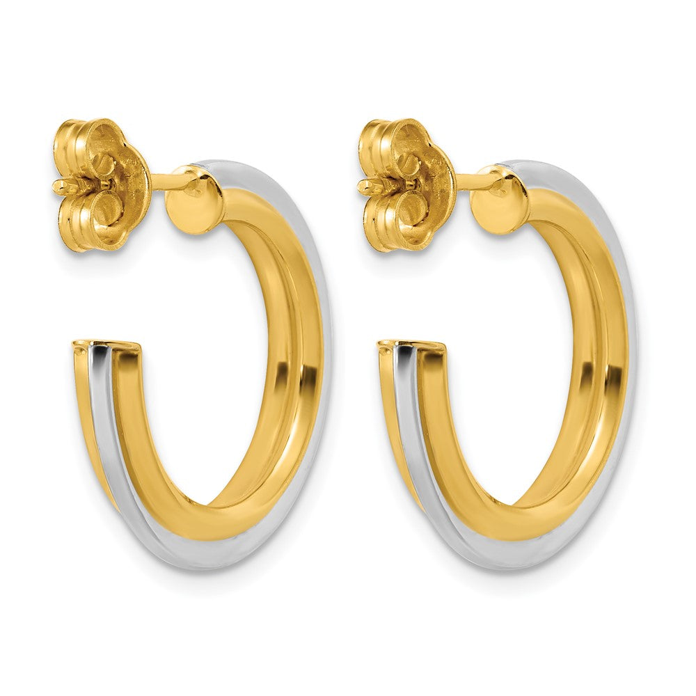 10K w/Rhodium Polished and Grooved J-Hoop Post Earrings