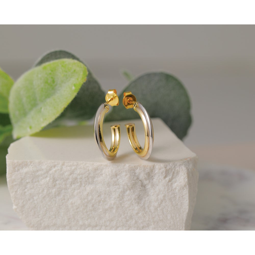 10K w/Rhodium Polished and Grooved J-Hoop Post Earrings