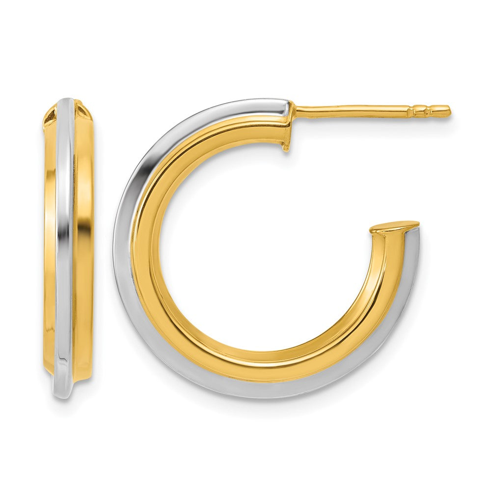 10K w/Rhodium Polished and Grooved J-Hoop Post Earrings