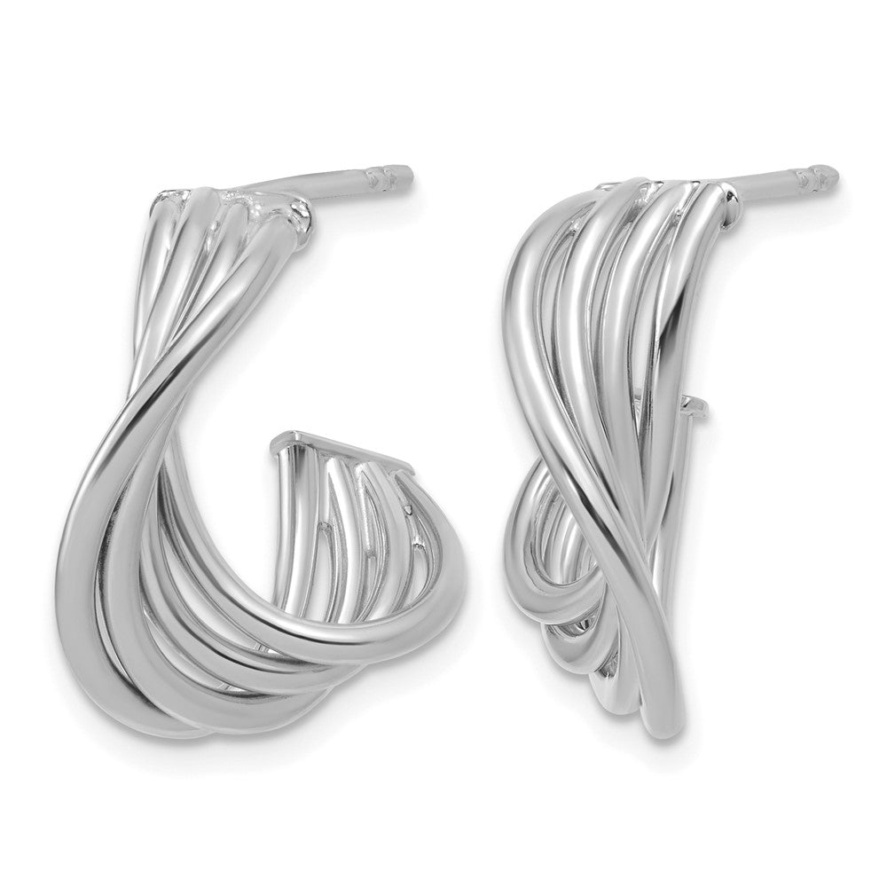10K w/Rhodium-plating Polished 3-Row Twist J-Hoop Post Earrings