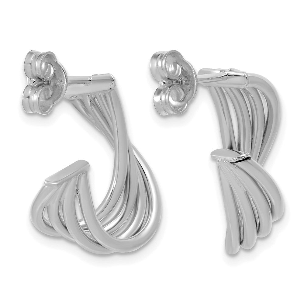 10K w/Rhodium-plating Polished 3-Row Twist J-Hoop Post Earrings
