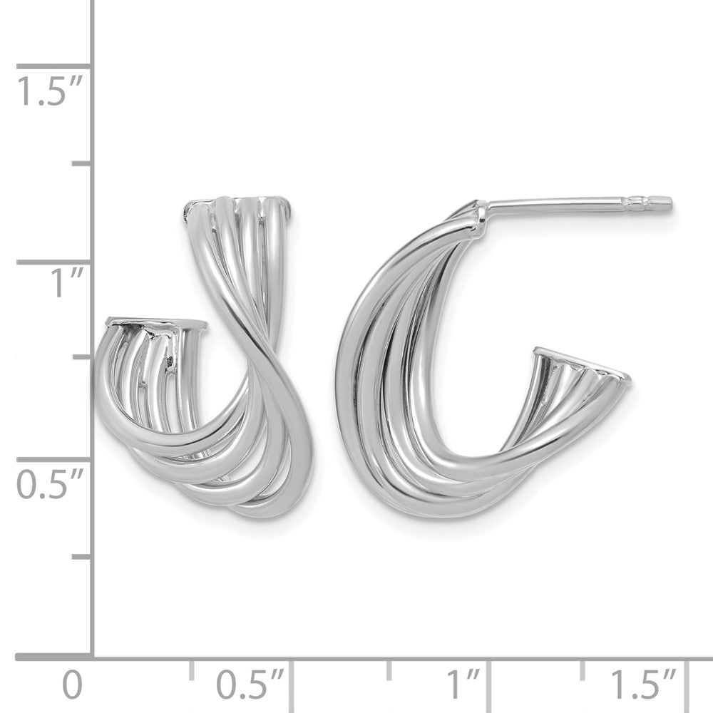 10K w/Rhodium-plating Polished 3-Row Twist J-Hoop Post Earrings