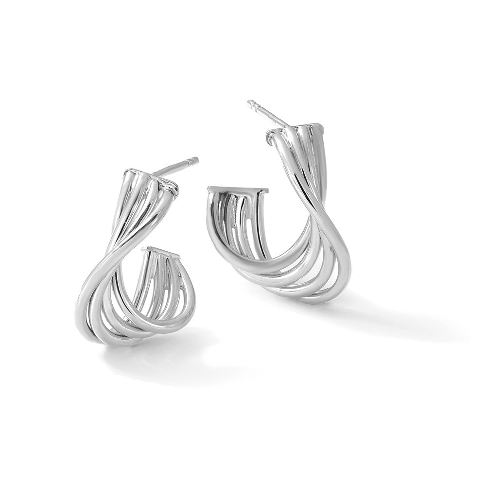 10K w/Rhodium-plating Polished 3-Row Twist J-Hoop Post Earrings