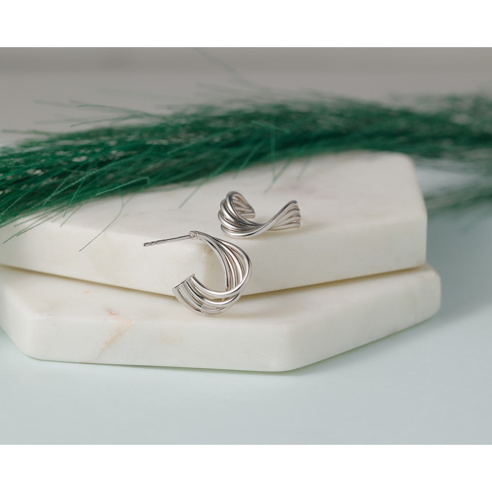 10K w/Rhodium-plating Polished 3-Row Twist J-Hoop Post Earrings