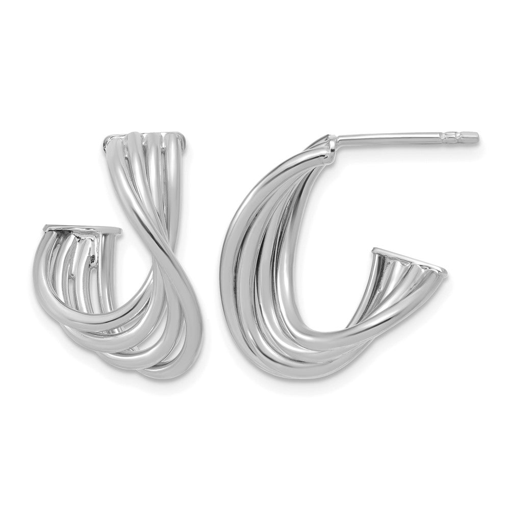 10K w/Rhodium-plating Polished 3-Row Twist J-Hoop Post Earrings
