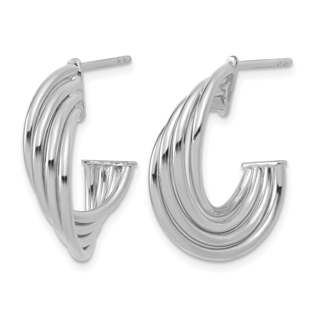 10K w/Rhodium Polished 3-Row Twist J-Hoop Post Earrings
