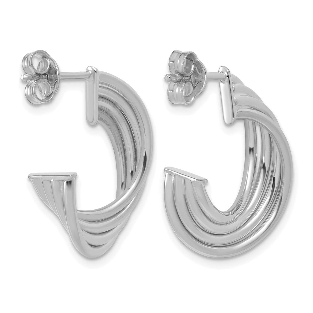 10K w/Rhodium Polished 3-Row Twist J-Hoop Post Earrings