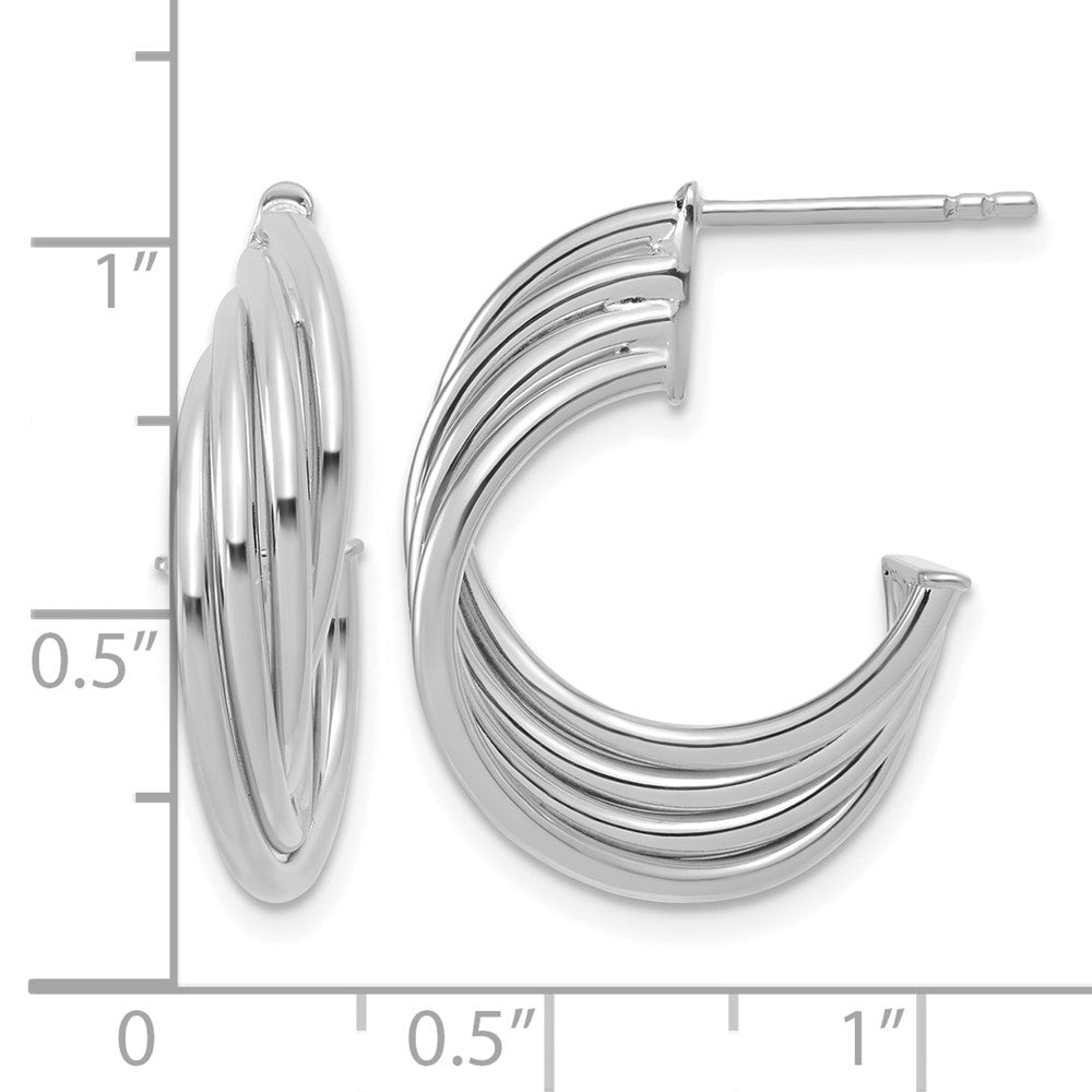 10K w/Rhodium Polished 3-Row Twist J-Hoop Post Earrings