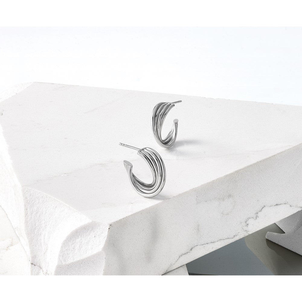 10K w/Rhodium Polished 3-Row Twist J-Hoop Post Earrings