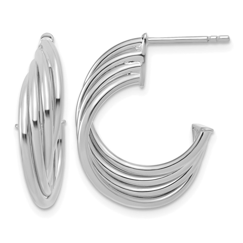 10K w/Rhodium Polished 3-Row Twist J-Hoop Post Earrings