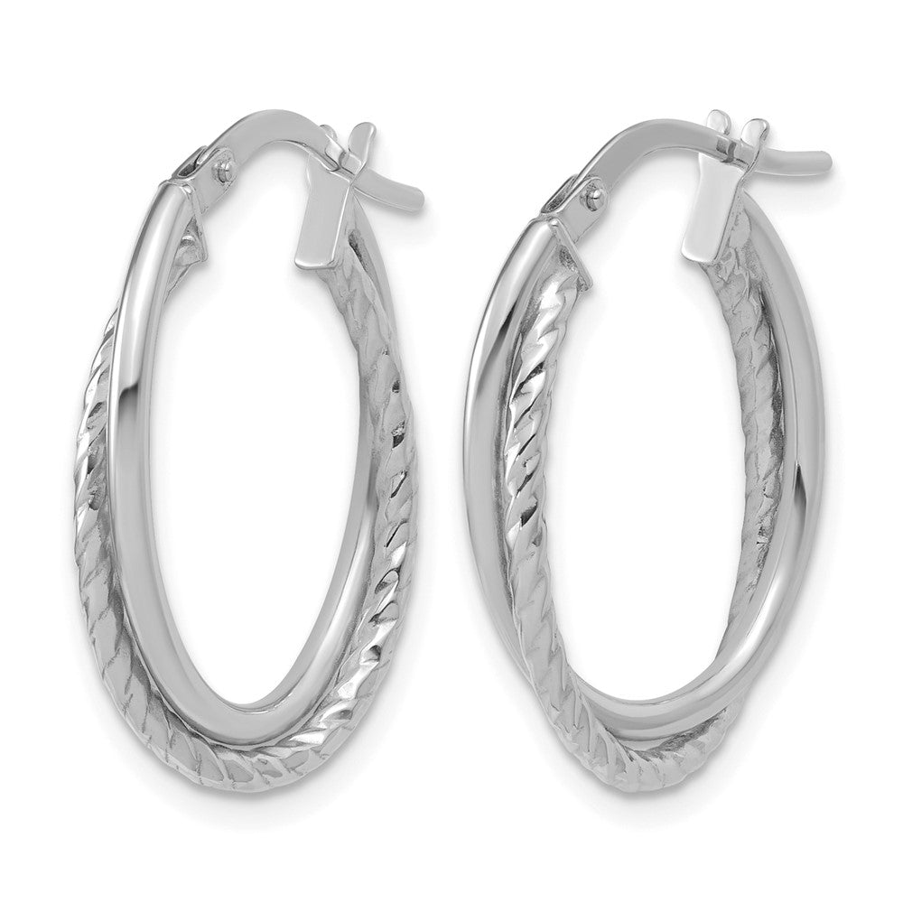 10K White Gold Polished Textured Oval Hoop Earrings