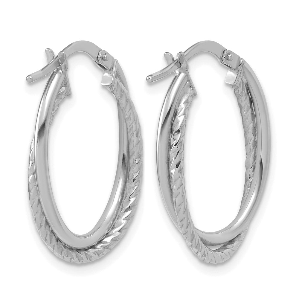 10K White Gold Polished Textured Oval Hoop Earrings