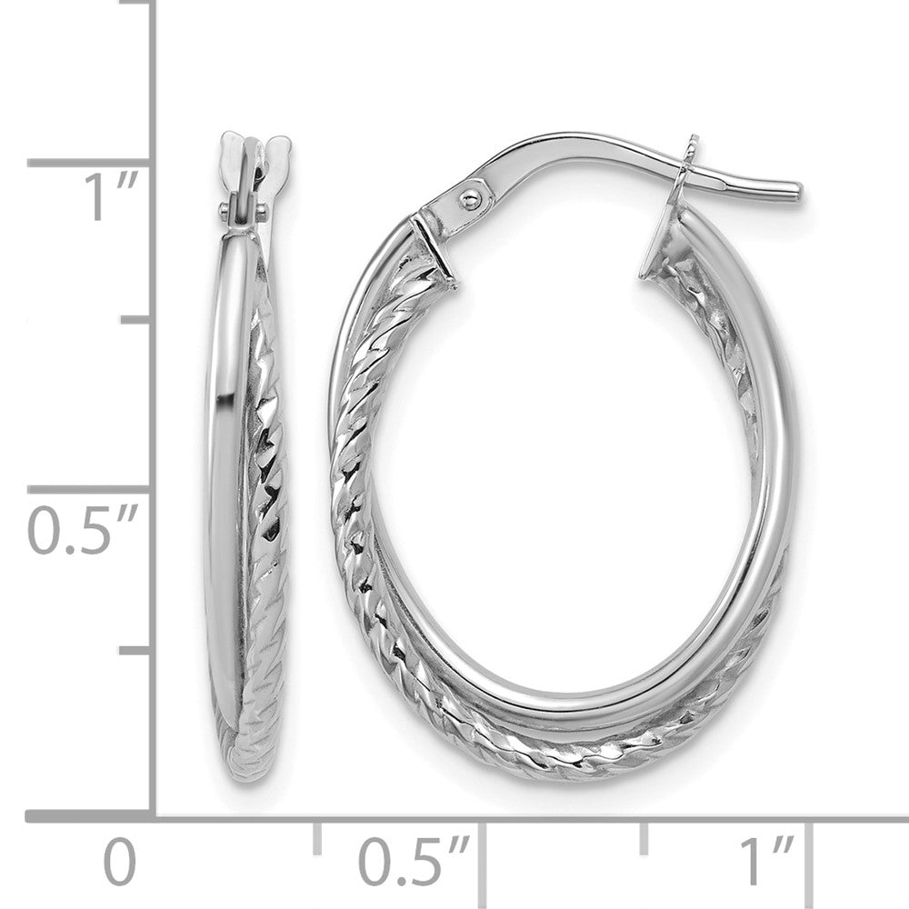 10K White Gold Polished Textured Oval Hoop Earrings