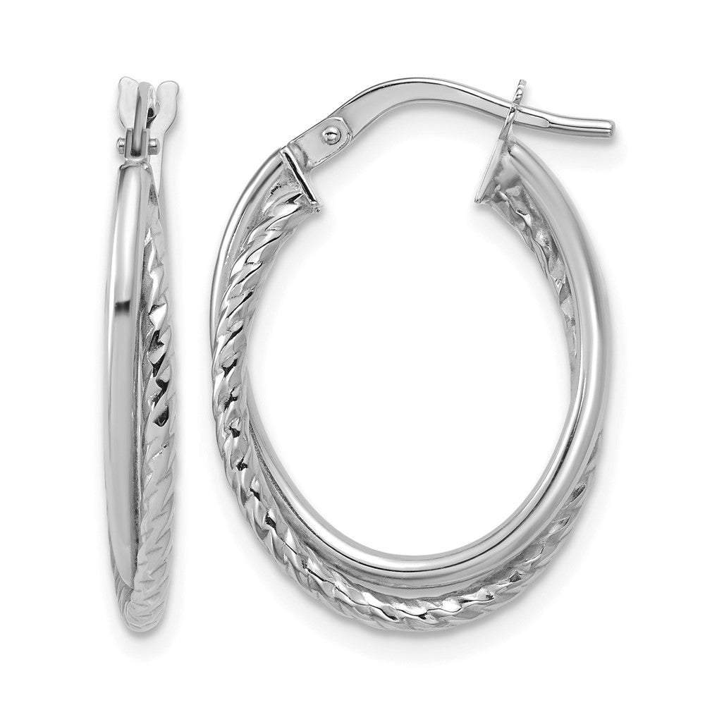 10K White Gold Polished Textured Oval Hoop Earrings