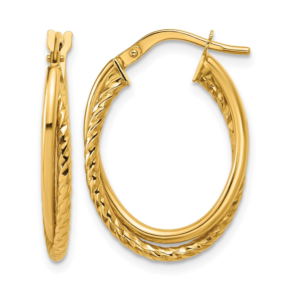 10K Gold Polished Textured Oval Hoop Earrings