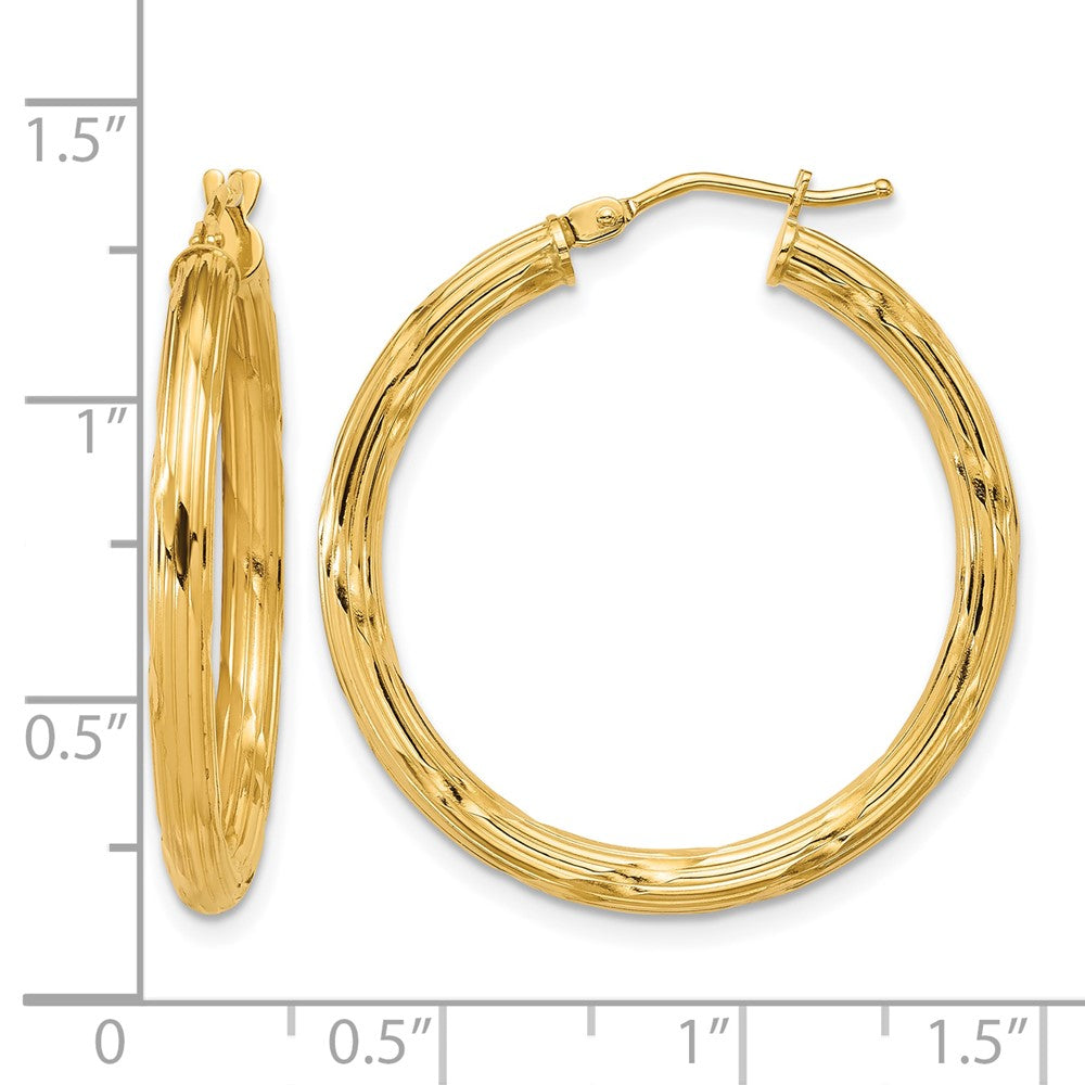 10K Polished and Grooved Round Hoop Earrings