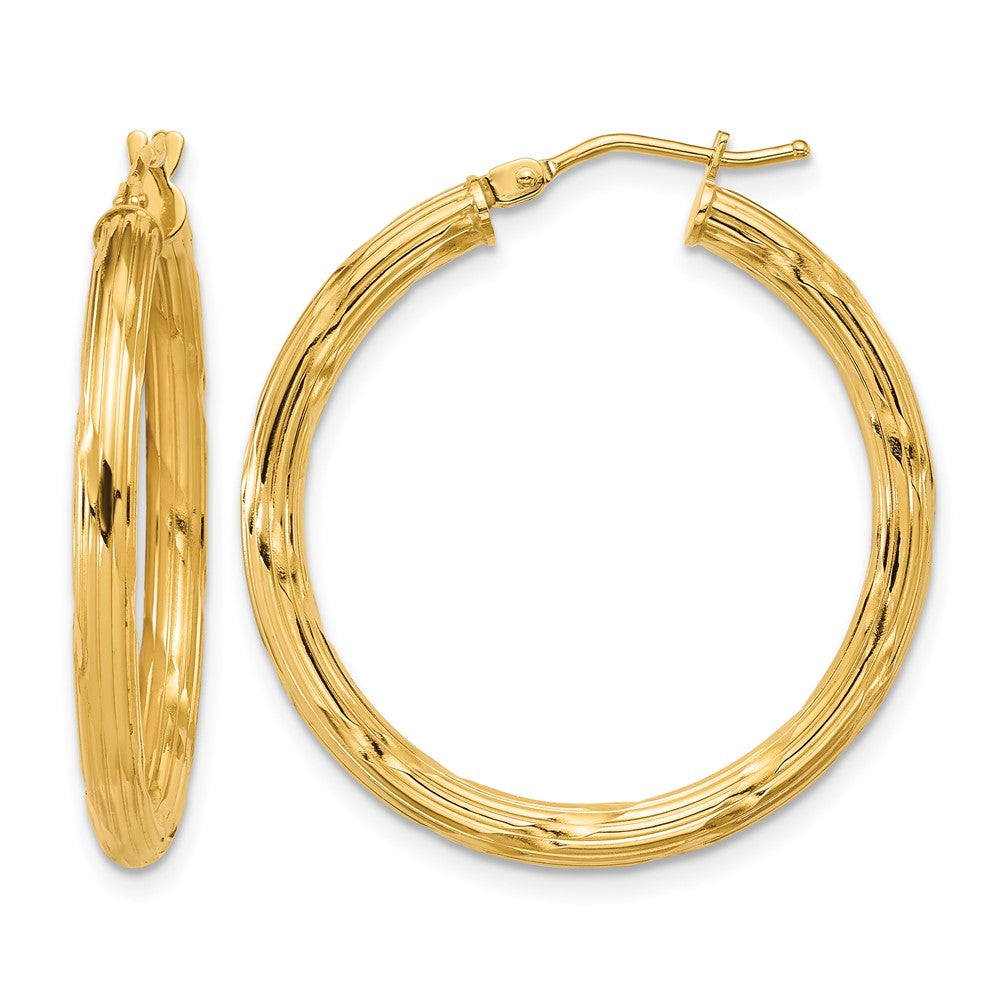 10K Polished and Grooved Round Hoop Earrings