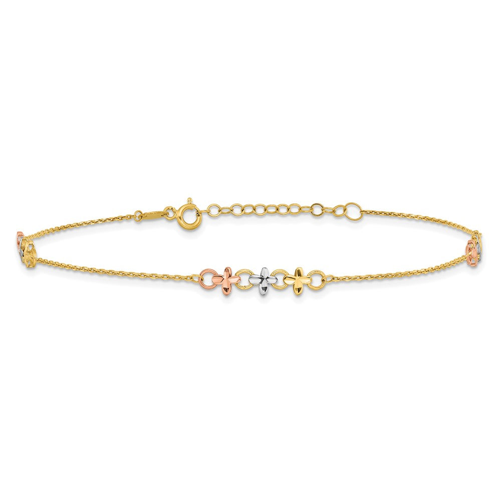 10K Two-tone with White Rhodium 3-Station 9 inch Plus 1 inch Extender - Total 10 inch Anklet