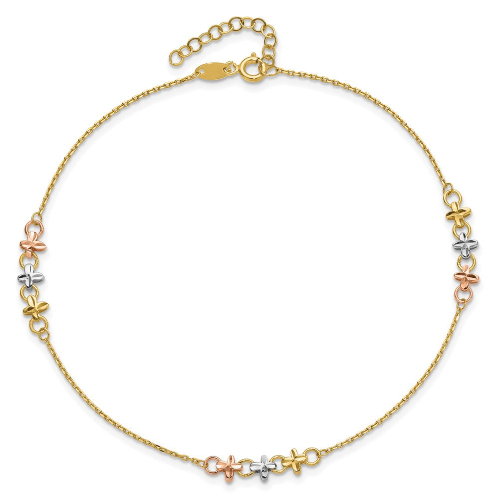 10K Two-tone with White Rhodium 3-Station 9 inch Plus 1 inch Extender - Total 10 inch Anklet