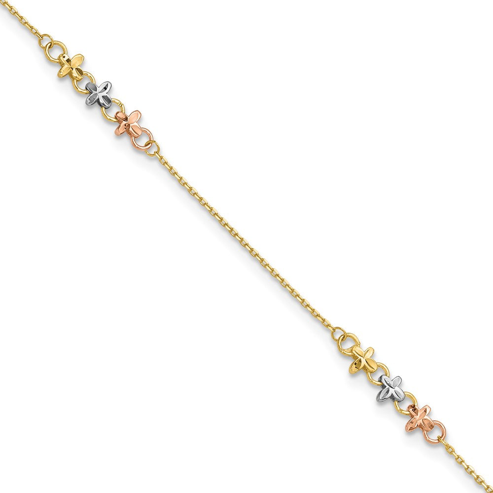 10K Two-tone with White Rhodium 3-Station 9 inch Plus 1 inch Extender - Total 10 inch Anklet