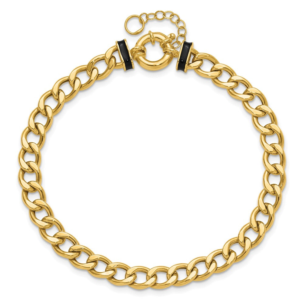 10K Polished with Black Enamel Flat Oval Link w/1in ext. Bracelet