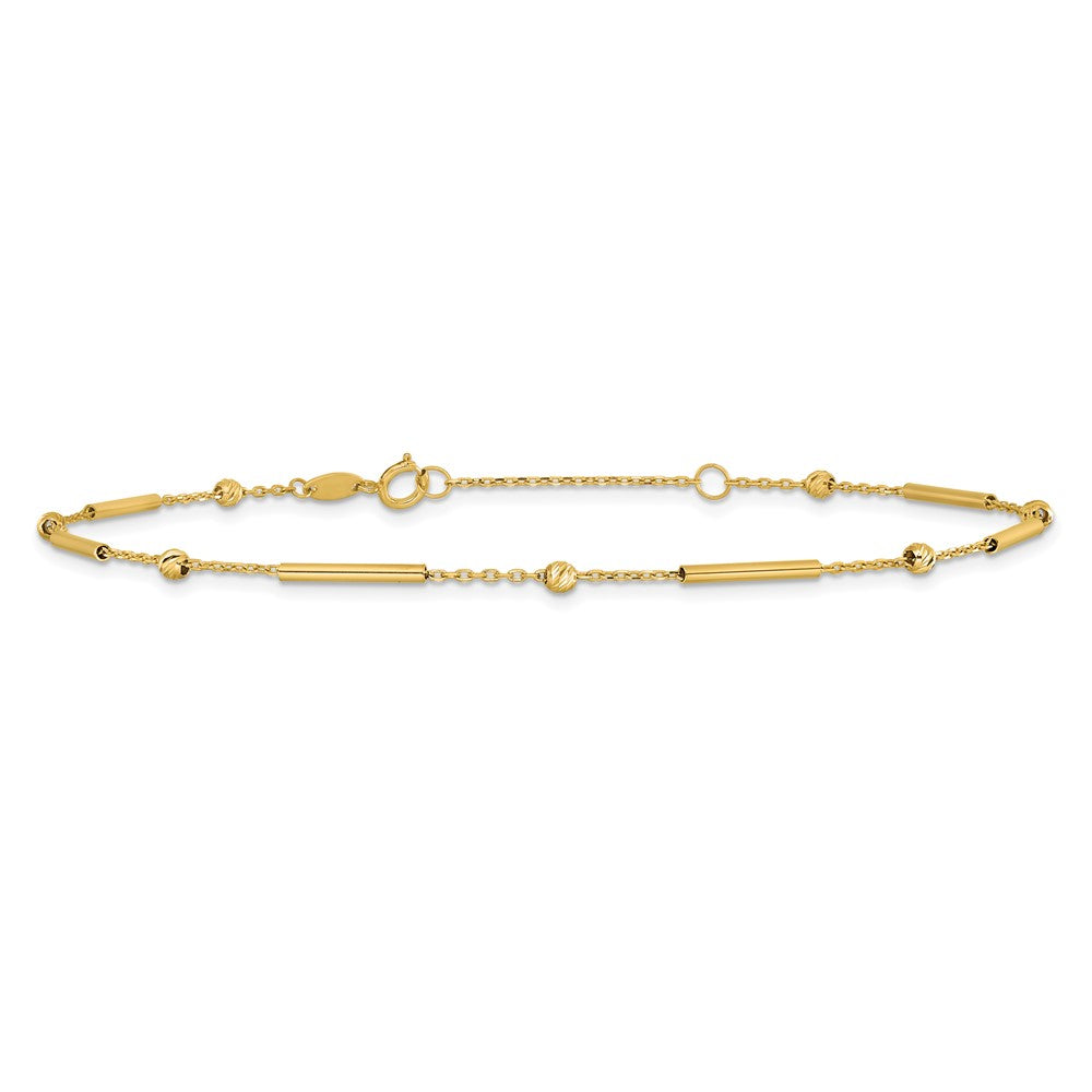 10K Bar and Diamond-cut Bead 9 inch Plus 1 inch Extender - Total 10 inch Anklet