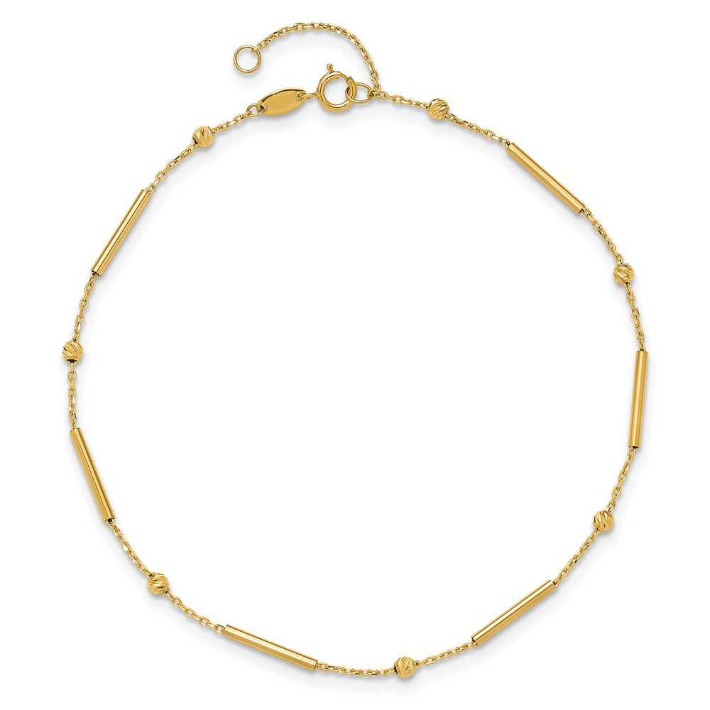 10K Bar and Diamond-cut Bead 9 inch Plus 1 inch Extender - Total 10 inch Anklet