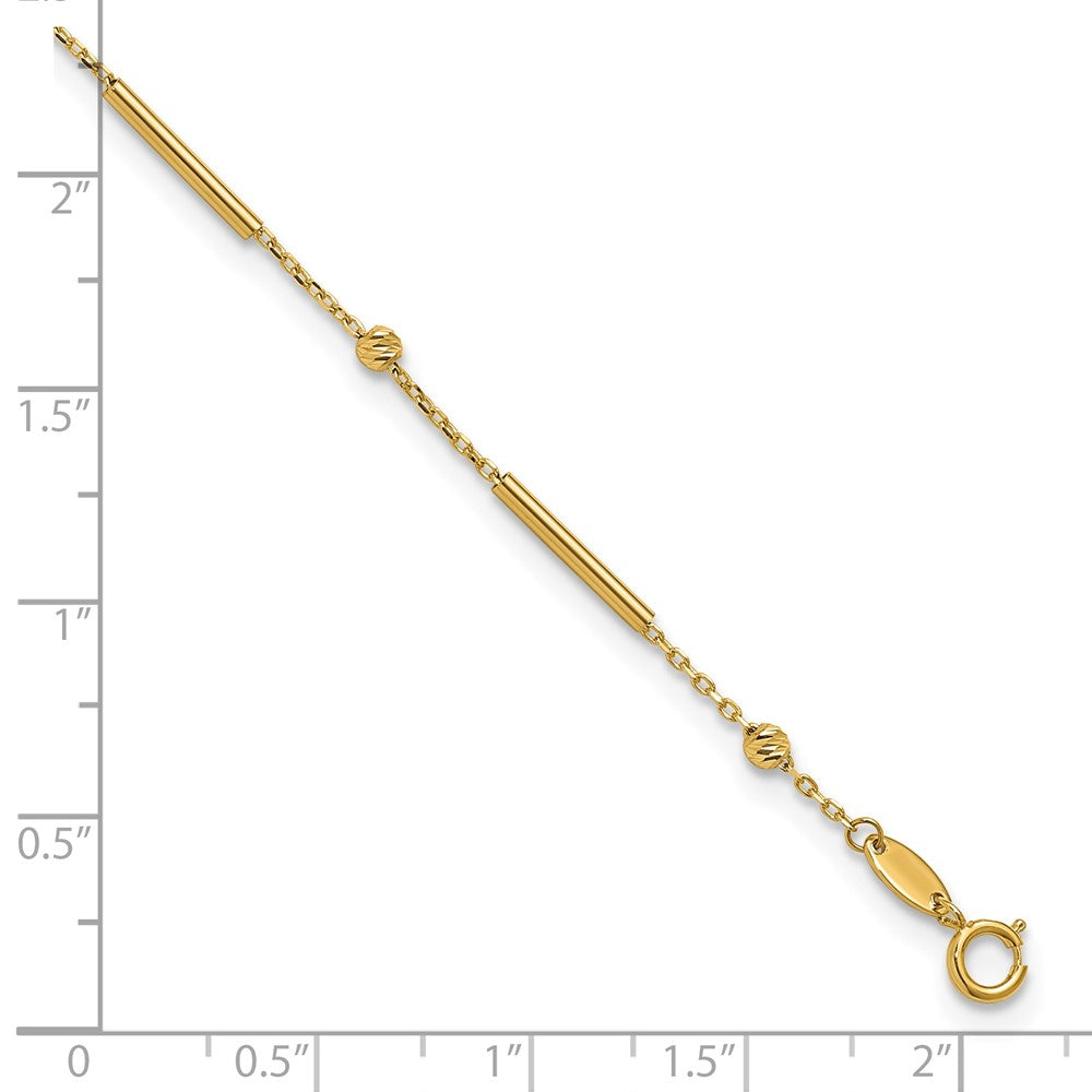 10K Bar and Diamond-cut Bead 9 inch Plus 1 inch Extender - Total 10 inch Anklet