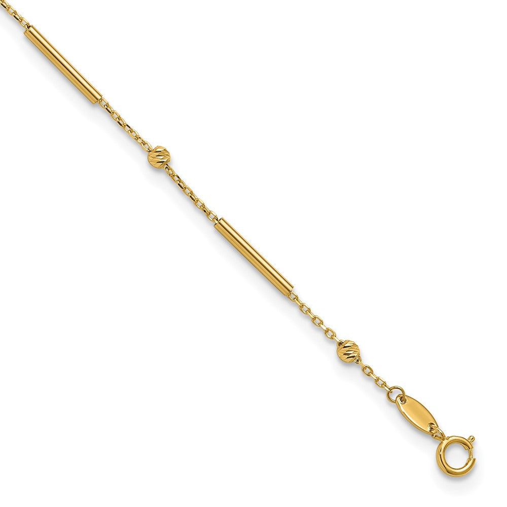 10K Bar and Diamond-cut Bead 9 inch Plus 1 inch Extender - Total 10 inch Anklet