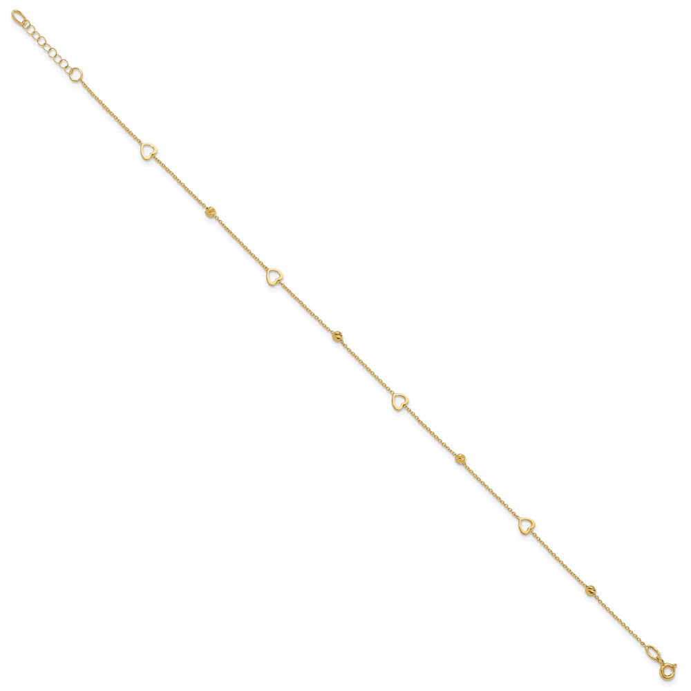 10K Heart and Diamond-cut Bead 10 inch Plus 1 inch Extender - Total 11 inch Anklet