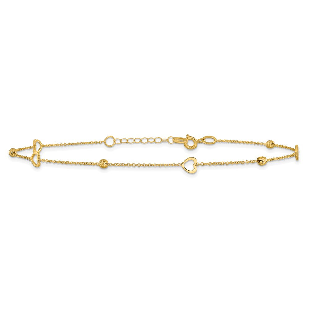 10K Heart and Diamond-cut Bead 10 inch Plus 1 inch Extender - Total 11 inch Anklet