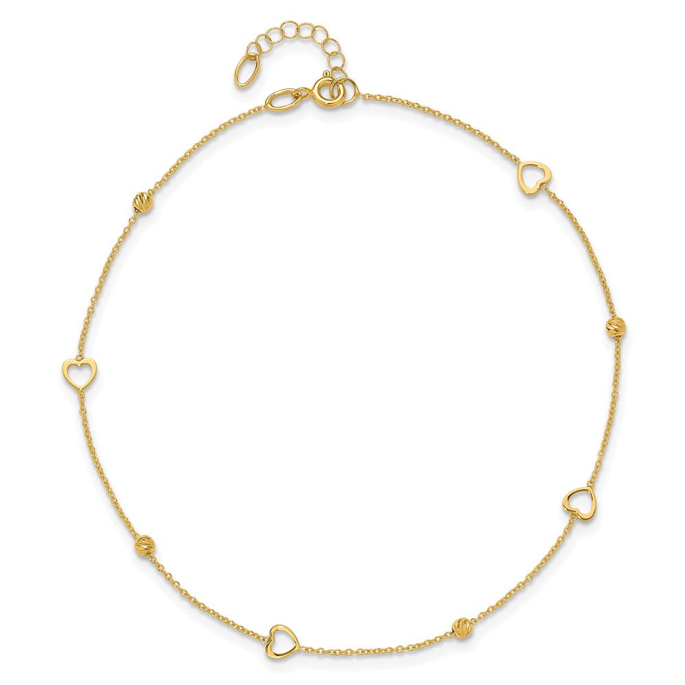 10K Heart and Diamond-cut Bead 10 inch Plus 1 inch Extender - Total 11 inch Anklet