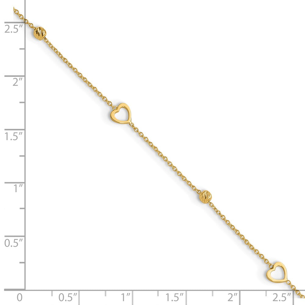 10K Heart and Diamond-cut Bead 10 inch Plus 1 inch Extender - Total 11 inch Anklet