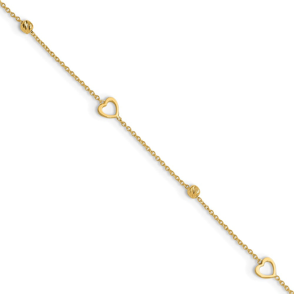 10K Heart and Diamond-cut Bead 10 inch Plus 1 inch Extender - Total 11 inch Anklet