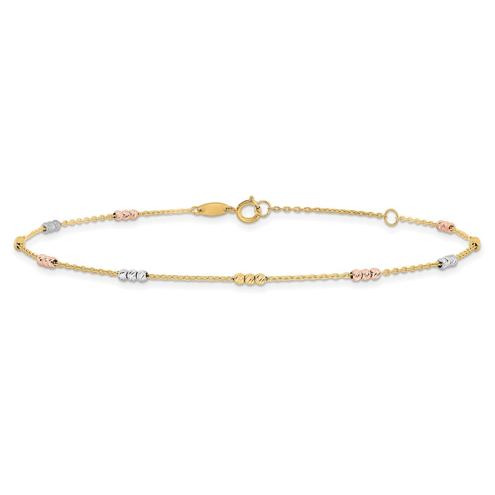 10K Tri-color Beads 9 inch Plus 1inch Extender - Total 10 inch Anklet