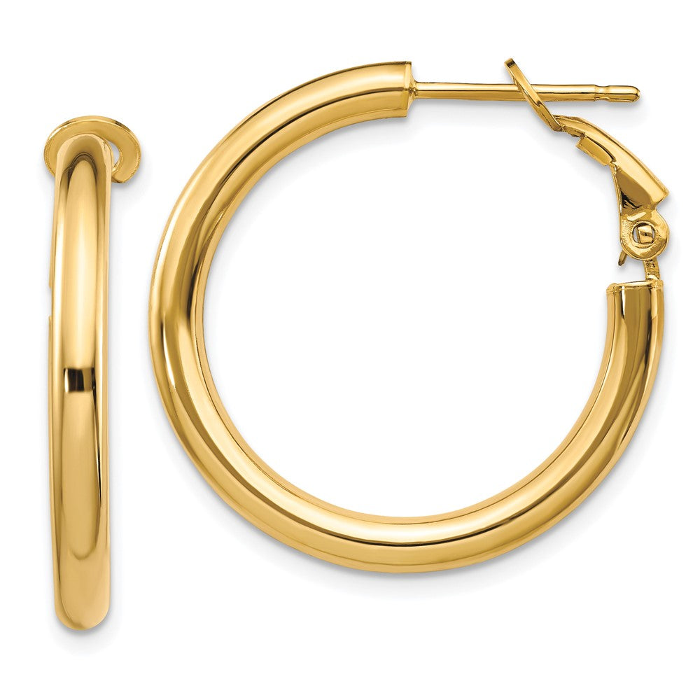 10k 3x20mm Polished Round Omega Back Hoop Earrings