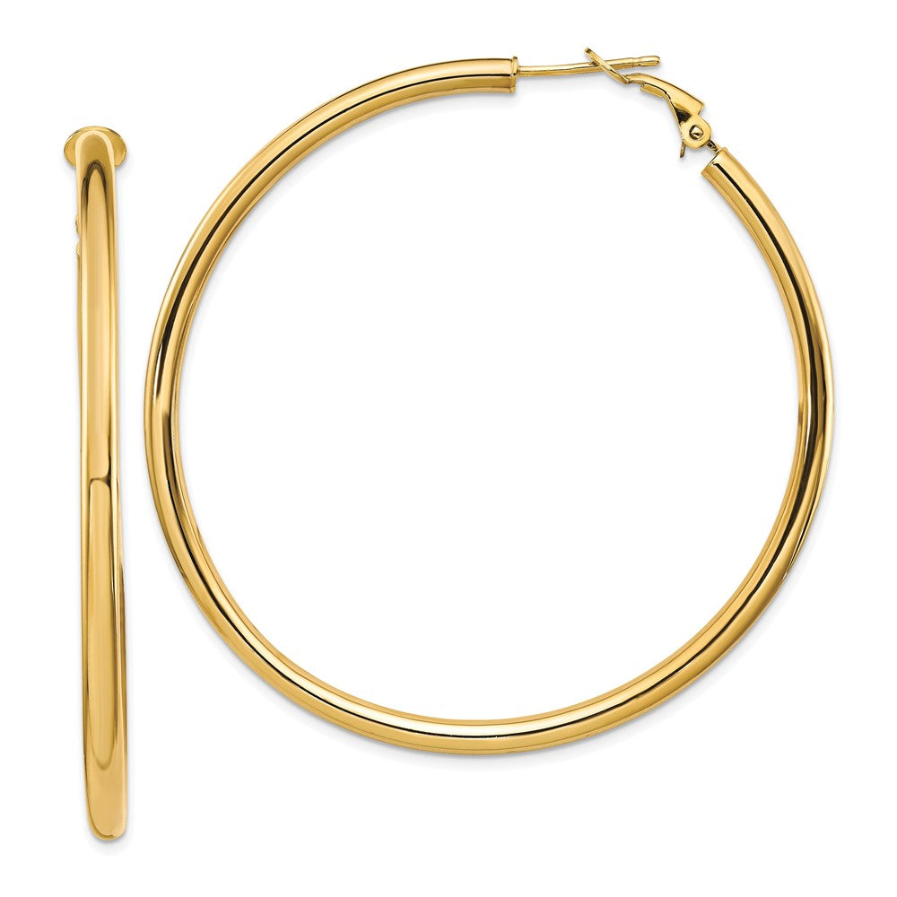 10k 3x50mm Polished Round Omega Back Hoop Earrings