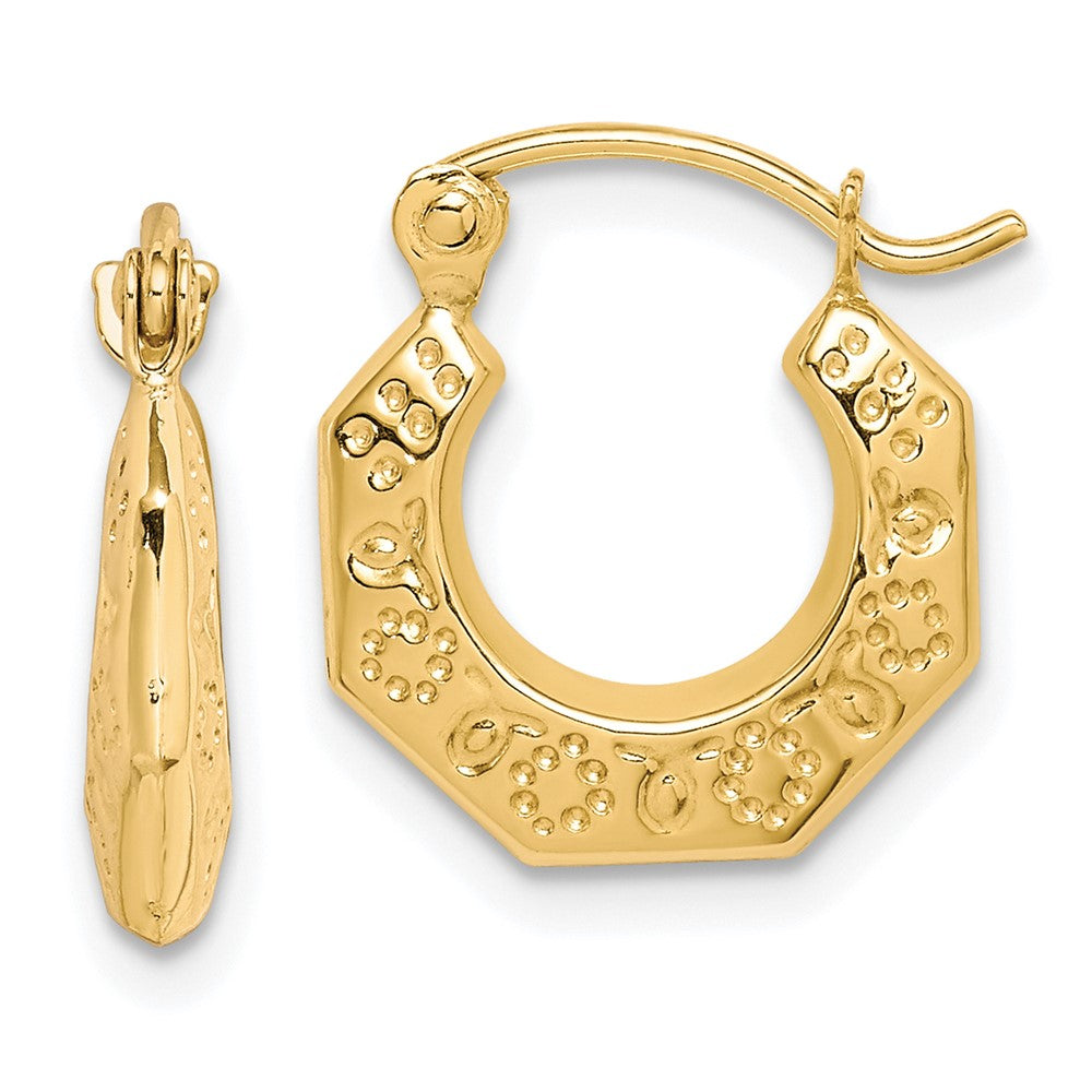 Polished;10K Yellow gold;Hollow;Hinged post;Textured
