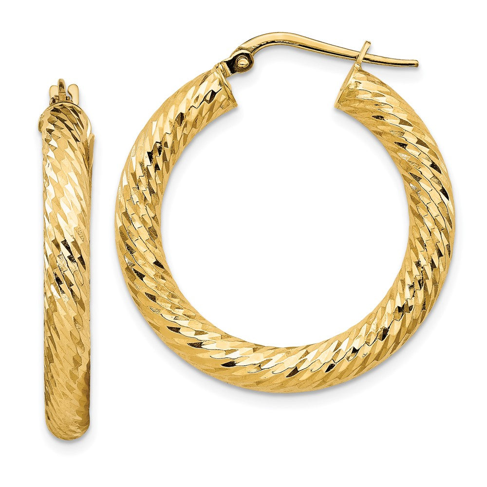 10k 4x20mm Diamond-cut Round Hoop Earrings