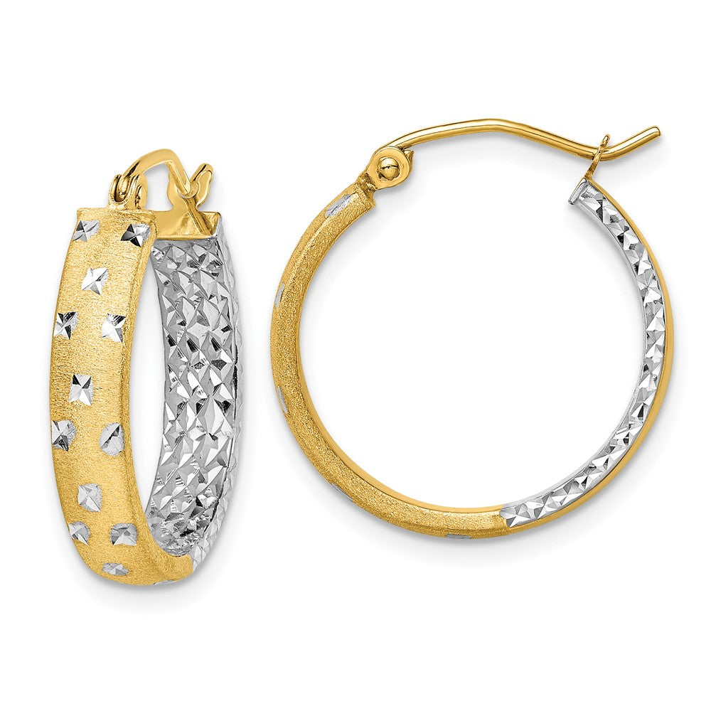 10k w/White Rhodium Satin Polished Diamond-cut In/Out Hoop Earrings