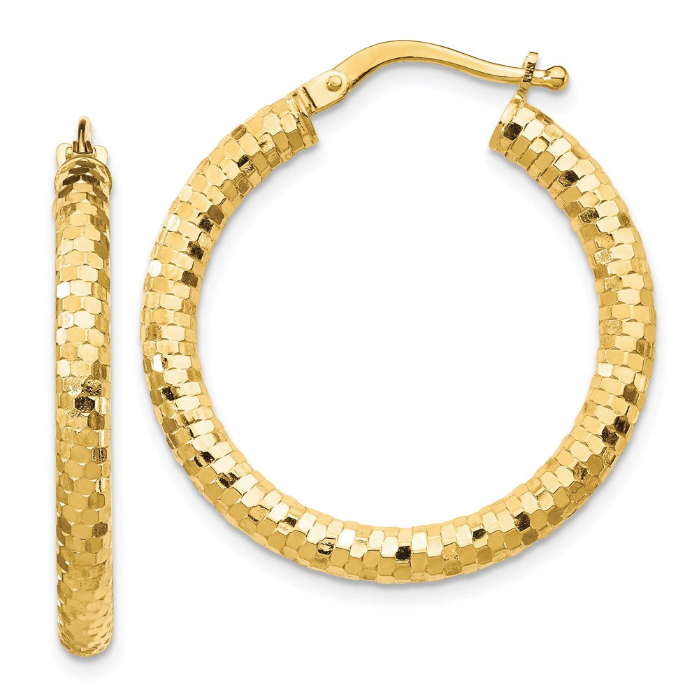 10K 3x27mm Diamond-cut Hoop Earrings