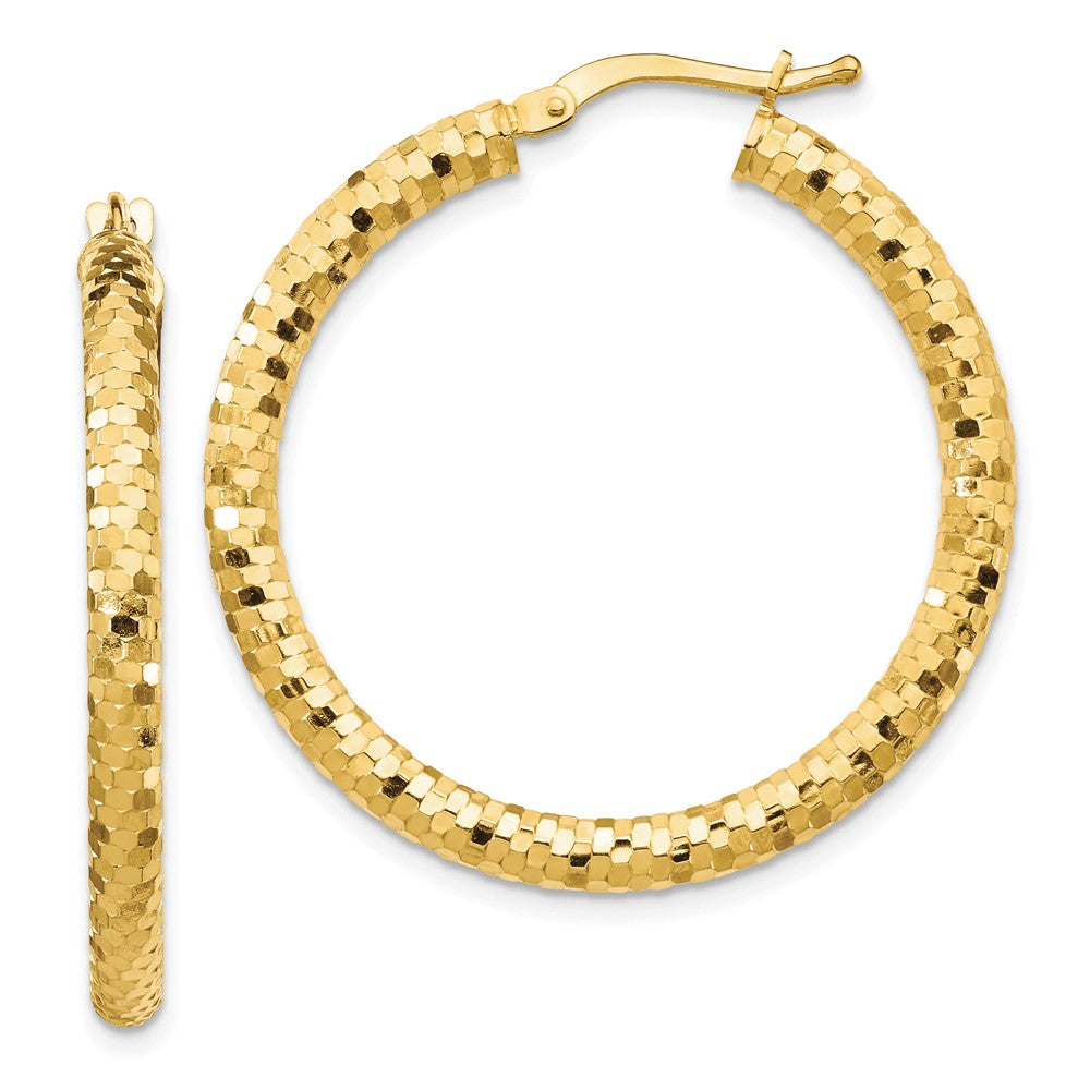 10K 3x32mm Diamond-cut Hoop Earrings