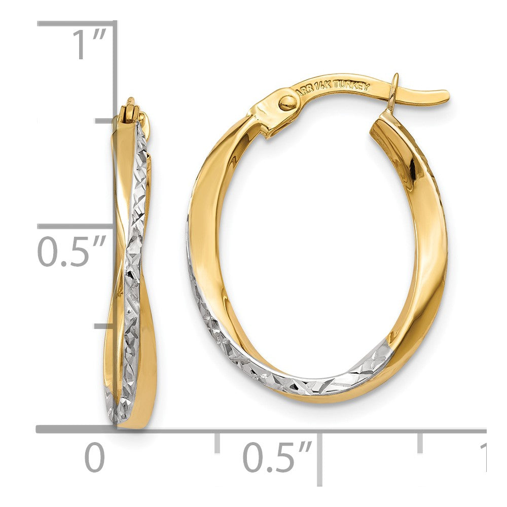 10k w/White Rhodium Textured and Polished Oval Hoop Earrings