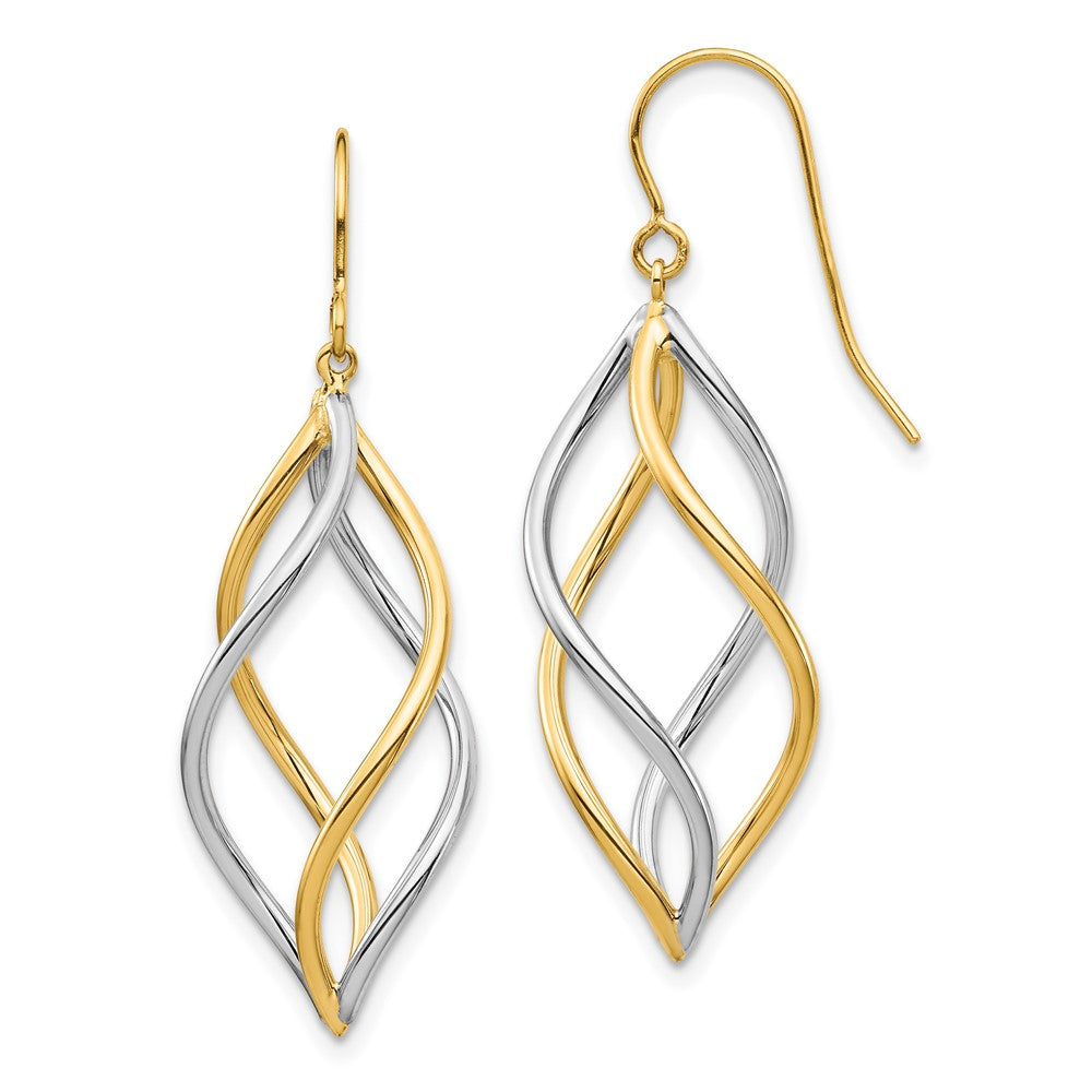 10K Two-Tone Twisted Polished Dangle Shepherd Hook Earrings