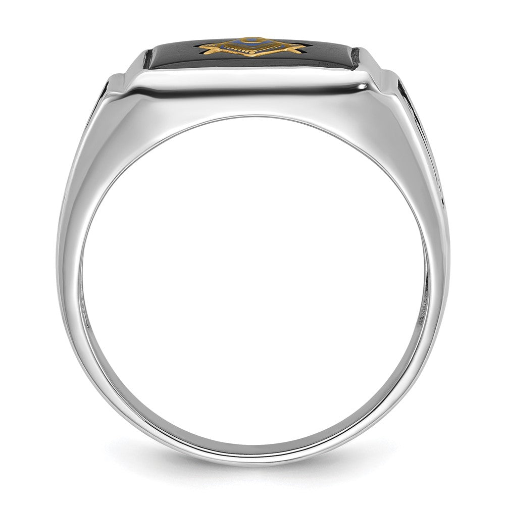 10k White Gold Men's Polished and Textured with Black Enamel and Onyx Masonic Ring