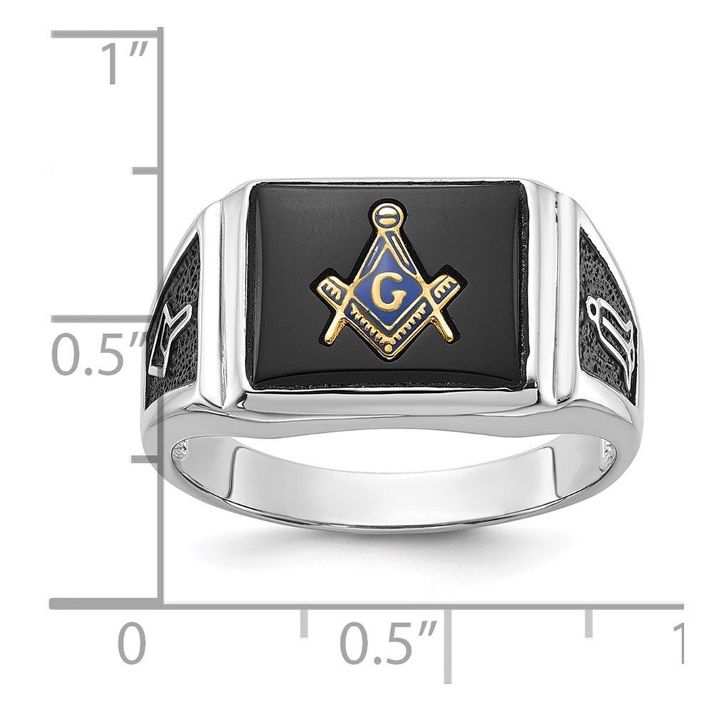 10k White Gold Men's Polished and Textured with Black Enamel and Onyx Masonic Ring