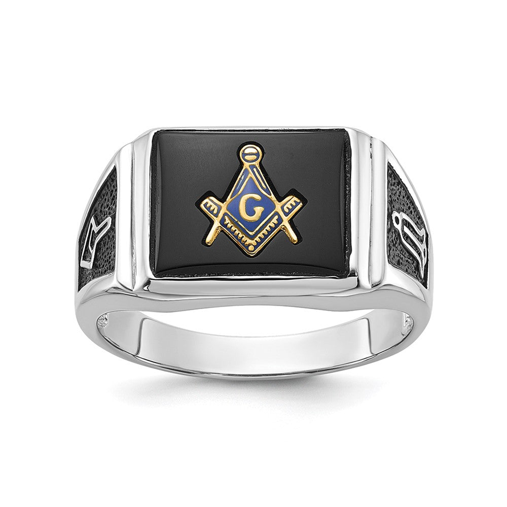 10k White Gold Men's Polished and Textured with Black Enamel and Onyx Masonic Ring
